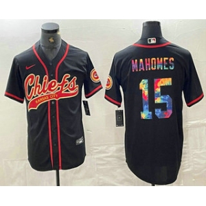 Men's Kansas City Chiefs #15 Patrick Mahomes Black Multi Color With Patch Cool Base Stitched Baseball Jersey