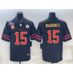 Men’s Kansas City Chiefs #15 Patrick Mahomes Black Red Gold Super Bowl LVII Patch And 4-star C Patch Vapor Untouchable Limited Stitched Jersey