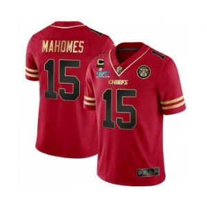 Men’s Kansas City Chiefs #15 Patrick Mahomes Red Gold Super Bowl LVII Patch And 4-star C Patch Vapor Untouchable Limited Stitched Jersey