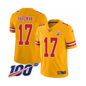 Men's Kansas City Chiefs #17 Mecole Hardman Limited Gold Inverted Legend 100th Season Football Jersey