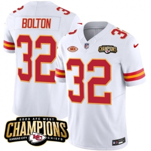 Men’s Kansas City Chiefs #32 Nick Bolton White 2023 F.U.S.E. AFC West Champions With NKH Patch Vapor Untouchable Limited Football Stitched Jersey