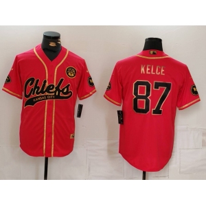 Men's Kansas City Chiefs #87 Travis Kelce Red Gold Cool Base Stitched Baseball Jersey