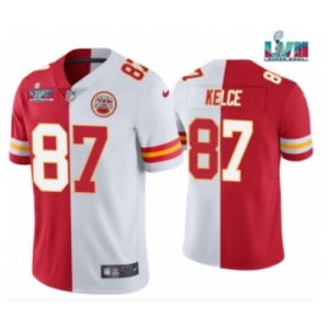 Men’s Kansas City Chiefs #87 Travis Kelce Red & White Split Super Bowl LVII Patch Limited Stitched Jersey