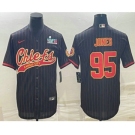 Men's Kansas City Chiefs #95 Chris Jones Black Pinstripe With Super Bowl LVII Patch Cool Base Stitched Baseball Jersey