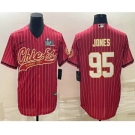 Men's Kansas City Chiefs #95 Chris Jones Red Pinstripe With Super Bowl LVII Patch Cool Base Stitched Baseball Jersey