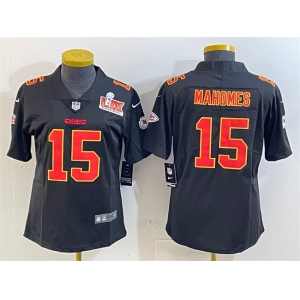 Women's Kansas City Chiefs #15 Patrick Mahomes Black 2025 Super Bowl LIX Patch Vapor Untouchable Limited Stitched Football Jersey