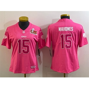 Women's Kansas City Chiefs #15 Patrick Mahomes Pink 2025 Super Bowl LIX Patch Vapor Untouchable Limited Stitched Football Jersey