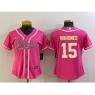 Women's Kansas City Chiefs #15 Patrick Mahomes Pink White With Patch Cool Base Stitched Baseball Jersey