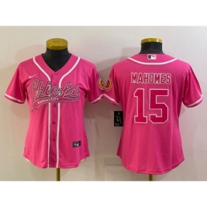 Women's Kansas City Chiefs #15 Patrick Mahomes Pink With Patch Cool Base Stitched Baseball Jersey