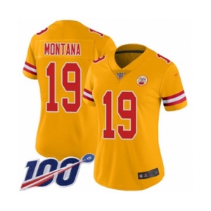 Women's Kansas City Chiefs #19 Joe Montana Limited Gold Inverted Legend 100th Season Football Jersey