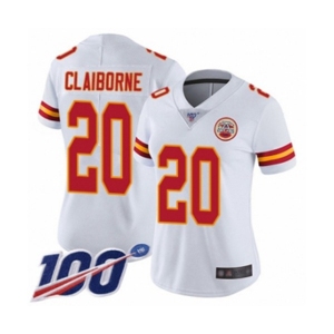 Women's Kansas City Chiefs #20 Morris Claiborne White Vapor Untouchable Limited Player 100th Season Football Jersey