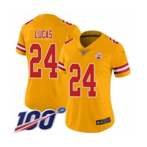 Women's Kansas City Chiefs #24 Jordan Lucas Limited Gold Inverted Legend 100th Season Football Jersey