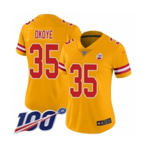 Women's Kansas City Chiefs #35 Christian Okoye Limited Gold Inverted Legend 100th Season Football Jersey