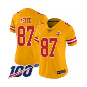 Women's Kansas City Chiefs #87 Travis Kelce Limited Gold Inverted Legend 100th Season Football Jersey