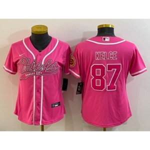 Women's Kansas City Chiefs #87 Travis Kelce Pink With Patch Cool Base Stitched Baseball Jersey