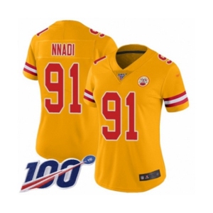 Women's Kansas City Chiefs #91 Derrick Nnadi Limited Gold Inverted Legend 100th Season Football Jersey