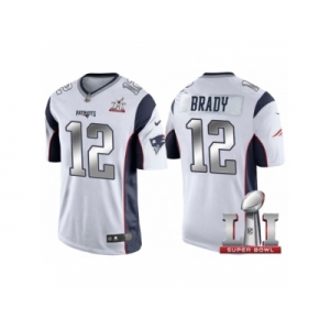 Men New England Patriots #12 Tom Brady White 2017 Super Bowl 51 Patch Steel Silver Limited Jersey