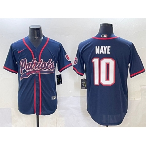 Men's New England Patriots #10 Drake Maye Navy With Path Cool Base Stitched Baseball Jersey