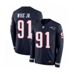 Men's Nike New England Patriots #91 Deatrich Wise Jr Limited Navy Blue Therma Long Sleeve NFL Jersey