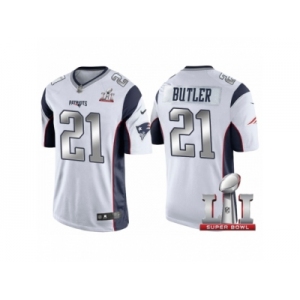 Women New England Patriots #21 Malcolm Butler White 2017 Super Bowl LI Patch Steel Silver Limited Jersey