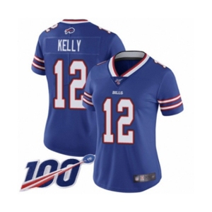 Women's Buffalo Bills #12 Jim Kelly Royal Blue Team Color Vapor Untouchable Limited Player 100th Season Football Jersey