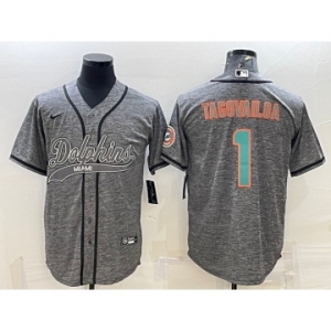 Men's Miami Dolphins #1 Tua Tagovailoa Grey Gridiron With Patch Cool Base Stitched Baseball Jersey