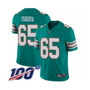 Men's Miami Dolphins #65 Danny Isidora Aqua Green Alternate Vapor Untouchable Limited Player 100th Season Football Jersey