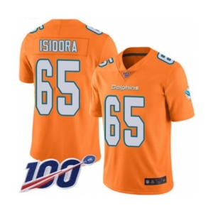 Men's Miami Dolphins #65 Danny Isidora Limited Orange Rush Vapor Untouchable 100th Season Football Jersey