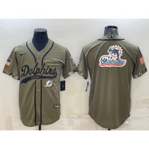 Men's Miami Dolphins Olive Salute to Service Team Big Logo Cool Base Stitched Baseball Jersey