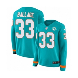 Women Nike Miami Dolphins #33 Kalen Ballage Limited Aqua Therma Long Sleeve NFL Jersey