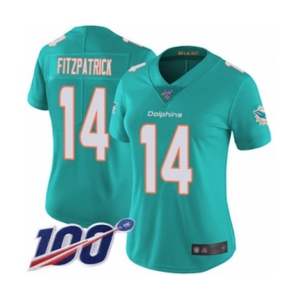 Women's Miami Dolphins #14 Ryan Fitzpatrick Aqua Green Team Color Vapor Untouchable Limited Player 100th Season Football Jersey