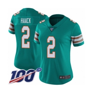 Women's Miami Dolphins #2 Matt Haack Aqua Green Alternate Vapor Untouchable Limited Player 100th Season Football Jersey