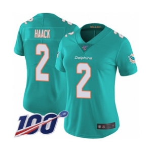 Women's Miami Dolphins #2 Matt Haack Aqua Green Team Color Vapor Untouchable Limited Player 100th Season Football Jersey