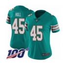 Women's Miami Dolphins #45 Mike Hull Aqua Green Alternate Vapor Untouchable Limited Player 100th Season Football Jersey