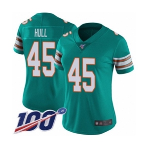 Women's Miami Dolphins #45 Mike Hull Aqua Green Alternate Vapor Untouchable Limited Player 100th Season Football Jersey