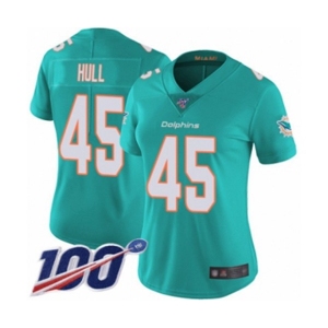 Women's Miami Dolphins #45 Mike Hull Aqua Green Team Color Vapor Untouchable Limited Player 100th Season Football Jersey