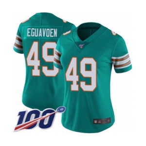 Women's Miami Dolphins #49 Sam Eguavoen Aqua Green Alternate Vapor Untouchable Limited Player 100th Season Football Jersey