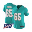 Women's Miami Dolphins #65 Danny Isidora Aqua Green Team Color Vapor Untouchable Limited Player 100th Season Football Jersey