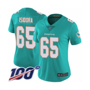 Women's Miami Dolphins #65 Danny Isidora Aqua Green Team Color Vapor Untouchable Limited Player 100th Season Football Jersey