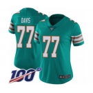 Women's Miami Dolphins #77 Jesse Davis Aqua Green Alternate Vapor Untouchable Limited Player 100th Season Football Jersey