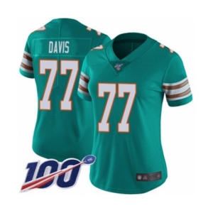 Women's Miami Dolphins #77 Jesse Davis Aqua Green Alternate Vapor Untouchable Limited Player 100th Season Football Jersey