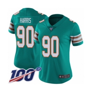 Women's Miami Dolphins #90 Charles Harris Aqua Green Alternate Vapor Untouchable Limited Player 100th Season Football Jers