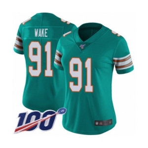 Women's Miami Dolphins #91 Cameron Wake Aqua Green Alternate Vapor Untouchable Limited Player 100th Season Football Jersey