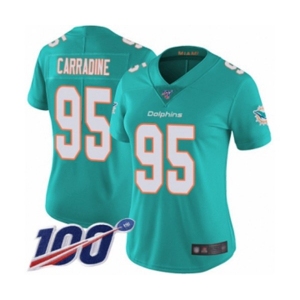 Women's Miami Dolphins #95 Tank Carradine Aqua Green Team Color Vapor Untouchable Limited Player 100th Season Football Jersey