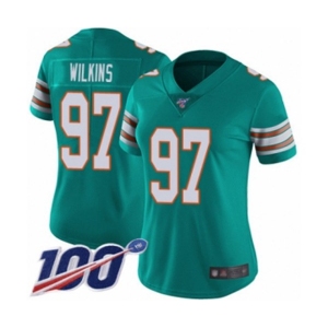 Women's Miami Dolphins #97 Christian Wilkins Aqua Green Alternate Vapor Untouchable Limited Player 100th Season Football Jersey