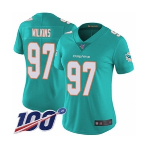 Women's Miami Dolphins #97 Christian Wilkins Aqua Green Team Color Vapor Untouchable Limited Player 100th Season Football Jersey