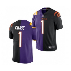 Men's Cincinnati Bengals #1 Ja'Marr Chase 2021 Black Purple Split Stitched Football Jersey