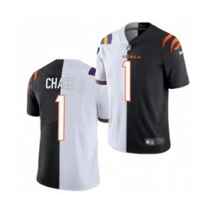 Men's Cincinnati Bengals #1 Ja'Marr Chase 2021 Black White Split Stitched Football Jersey