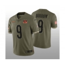 Men's Cincinnati Bengals #9 Joe Burrow 2022 Olive Salute To Service Limited Stitched Jersey