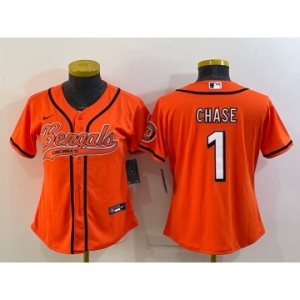 Women's Cincinnati Bengals #1 JaMarr Chase Orange With Patch Cool Base Stitched Baseball Jersey